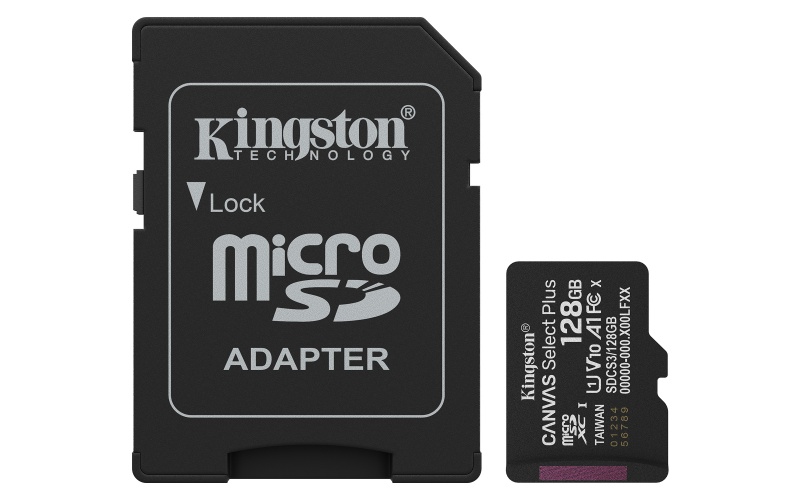 Kingston Technology 128GB microSDXC Canvas Select Plus Gen3 150MB / s A1 kaart + adapter