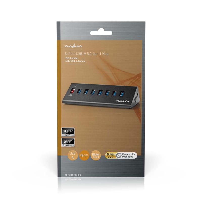 Nedis USB-Hub  4-Poorts | USB 3.0 met Externe Voeding | QC3.0 Oplaadpoort | 5 Gbps | Aluminium