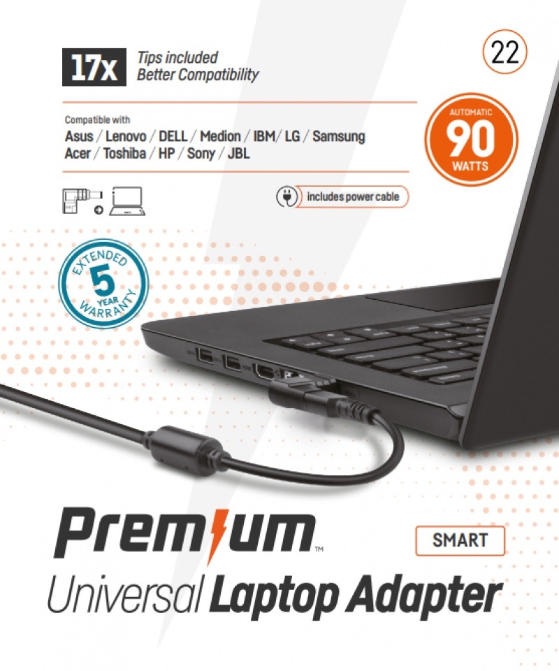 Premium universele adapter 90 Watt 17-tips incl. netsnoer