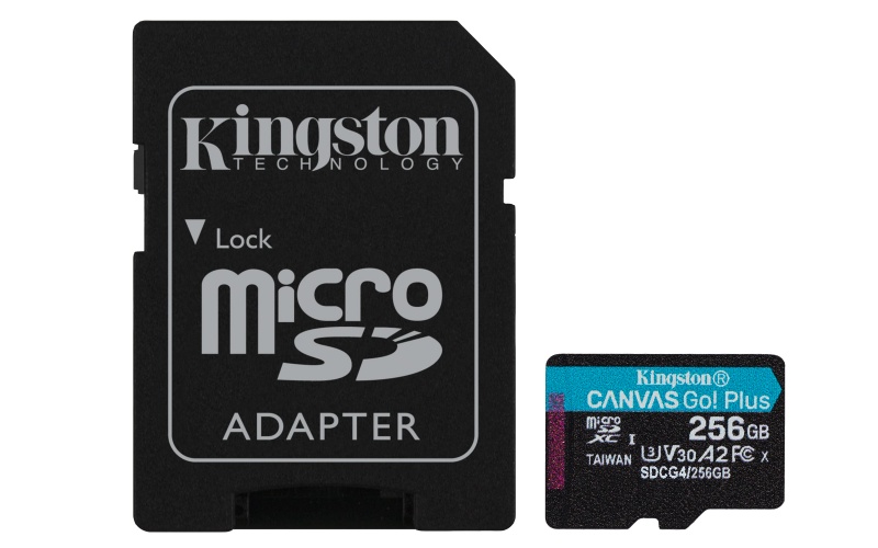 Kingston Technology 256GB microSDXC Canvas Go! Plus Gen4 200MB / s A2 U3 V30 kaart + adapter